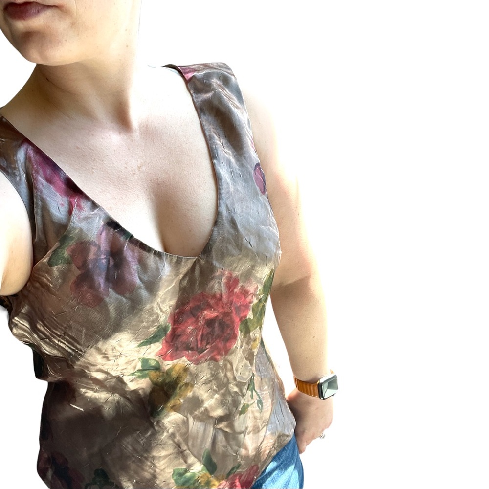 Vintage 90s Y2K Bronze Shimmer Rose Print Sleeveless Top V neck blouse Medium